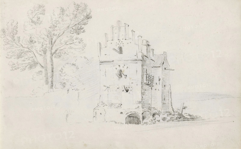 Landscape with ruin used as a dovecote, sketchbook page, Page 31 recto from a sketchbook with 39 pages., draftsman (artist): Pieter Moninckx, 1645 - 1646, draftsman (artist), inorganic material, paper, chalk, black chalk, height 201 mm x width 315 mm, landscape with ruins, dove-cote, A pencil sketch showing a tall tree with textured trunk and many leafy branches on the left and a partially ruined stone building on the right, the building featuring varied rooflines, vertical chimneys or battlements, arched openings at its base, a wooden or lattice balcony, and scattered rubble and structural details around its lower portion, all rendered on a light, slightly speckled paper background.