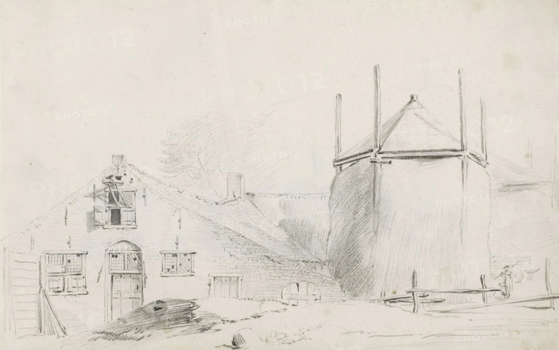 Farmyard with haystack, sketchbook page, Page 35 recto from a sketchbook with 39 pages., draftsman (artist): Pieter Moninckx, 1645 - 1646, draftsman (artist), inorganic material, paper, chalk, black chalk, height 201 mm x width 315 mm, farm (building), hay-stack, A pencil sketch of a rural scene showing the gabled facade of a building with a tiled roof, small paned windows, shutters, and a central doorway, adjacent to a large conical structure with a peaked roof and tall vertical posts, with shaded areas indicating texture and shadow, faint outlines of trees behind the buildings, a low fence in front of the conical structure, and rough ground with scattered stones and shaded mounds.