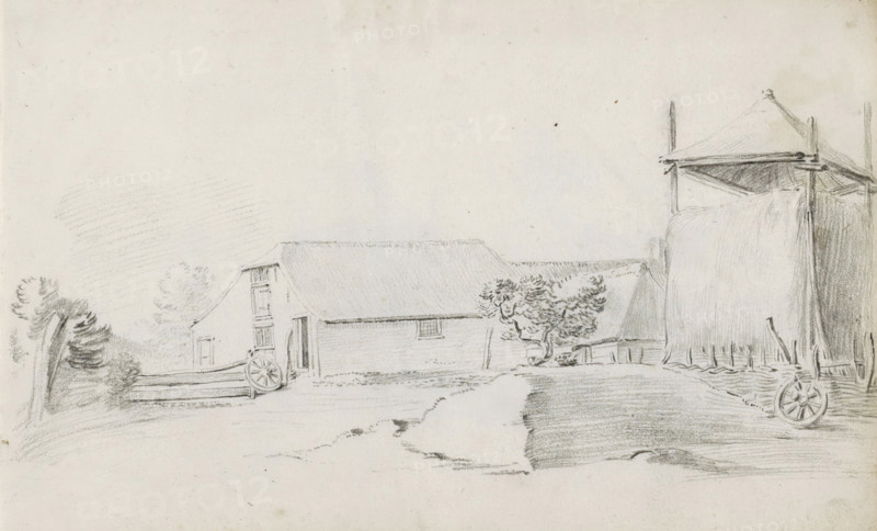 Farmyard with haystack and broken wheel, sketchbook page, Page 37 recto from a sketchbook with 39 pages., draftsman (artist): Pieter Moninckx, 1645 - 1646, draftsman (artist), inorganic material, paper, chalk, black chalk, height 201 mm x width 315 mm, farm or solitary house in landscape, hay-stack, A pencil sketch of a rural scene showing a long barn with a pitched roof and an open doorway, flanked by a small tree and a fence with a wooden wheel leaning against it, a dirt path or road running toward the foreground, clusters of foliage and shrubs on the left, and a tall haystack or covered structure supported by poles on the right with another wheel nearby.