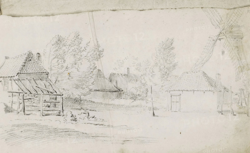 Farms and a windmill around a field, sketchbook page, Page 39 recto from a sketchbook with 39 pages., draftsman (artist): Pieter Moninckx, 1645 - 1646, draftsman (artist), inorganic material, paper, chalk, black chalk, height 201 mm x width 315 mm, windmill in landscape, farm or solitary house in landscape, A pencil sketch of a rural scene showing several simple buildings with tiled roofs and a partially open wooden shed in the foreground, a tall windmill with cross-hatched sails at the right edge, clusters of leafy trees behind and between the buildings, a few thin vertical poles or posts rising from the ground, and light shading on the ground suggesting grass and pathways.
