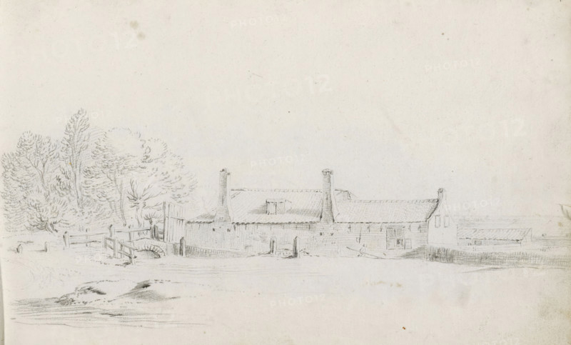 Farmhouse by a group of trees, sketchbook page, Page 4 recto from a sketchbook with 39 pages., draftsman (artist): Pieter Moninckx, 1645 - 1646, draftsman (artist), inorganic material, paper, chalk, black chalk, height 201 mm x width 315 mm, farm or solitary house in landscape, A wide pencil sketch of a low building complex with a sloped roof and multiple chimneys stretching across the middle of the image, a small gabled end and window details at one side, and a door or gate opening near the left end. To the left of the buildings a cluster of trees with varied foliage stands behind a simple wooden fence and a small arched bridge or culvert. In the foreground there are faint textured ground markings and shading suggesting uneven terrain leading toward the buildings, while the upper portion of the image remains mostly blank with light paper texture.