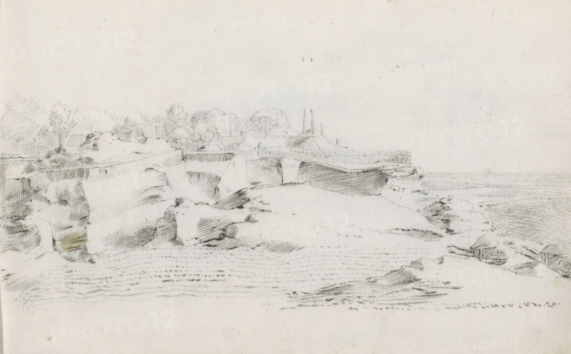 Landscape with a farm near a sand quarry, sketchbook page, In the foreground a field and two filled wheelbarrows. Page 5 recto from a sketchbook with 39 pages., draftsman (artist): Pieter Moninckx, 1645 - 1646, draftsman (artist), inorganic material, paper, chalk, black chalk, height 201 mm x width 315 mm, farm or solitary house in landscape, sand (soil type), A pencil sketch showing a rocky coastal scene with cliffs and a shoreline, textured shading indicating rock faces and stratified layers, a small group of simple buildings and trees perched atop the cliffs, faint vertical structures rising near the buildings, horizontal lines suggesting water at the right edge, and a pair of small boats drawn on the beach with scattered pieces of driftwood.