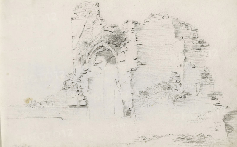 Ruin of a gatehouse, sketchbook page, Page 6 recto from a sketchbook with 39 pages., draftsman (artist): Pieter Moninckx, 1645 - 1646, draftsman (artist), inorganic material, paper, chalk, black chalk, height 201 mm x width 315 mm, ruin of a building, architecture, gate, entrance, A faint pencil sketch of a crumbling stone structure with a partially intact arch and rough brickwork, showing jagged edges and scattered loose stones; tufts of grass and small plants grow from crevices and along ledges; shaded areas indicate depth around the arch and between broken wall sections; the drawing is on light paper with subtle smudges and faint horizontal shading along the lower area.
