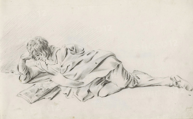 Lying boy reading a book, sketchbook page, Page 8 recto from a sketchbook with 39 pages., draftsman (artist): Pieter Moninckx, 1645 - 1646, draftsman (artist), inorganic material, paper, chalk, black chalk, height 201 mm x width 315 mm, reading, lying on one side, with uplifted upper part of the body and leaning on the arm, A pencil drawing of a person reclining on their side, propped on one elbow with their head resting on their hand and their hair falling over their face, wearing loose draped clothing with visible folds and creases; an open book lies on the surface near their outstretched hand, and the background shows subtle diagonal shading behind the figure while the rest of the page remains mostly blank.