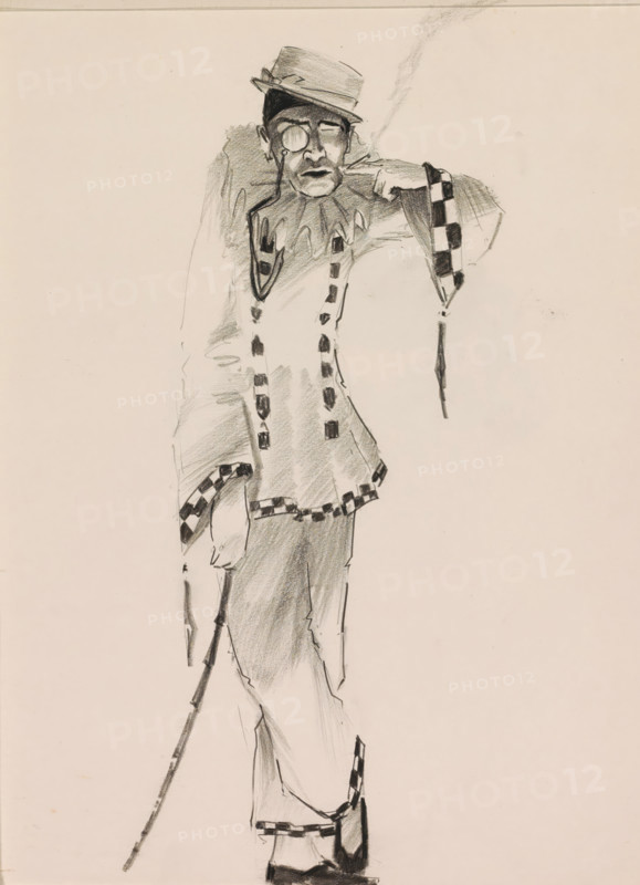 Pierrot with a monocle, sketchbook page, The pierrot holds a burning cigarette between the fingers of his left hand. With his right hand he holds a stick with which he leans on the ground. Page 13 from a sketchbook with 28 pages., draftsman (artist): Otto Verhagen (I), c. 1917 - c. 1919, draftsman (artist), coal, organic material, paper, charcoal stick, charcoal, height 280 mm x width 216 mm, cigarette, types in 'commedia dell'arte': Pierrot, monocle, single lorgnette, A tall pencil sketch of a person wearing a hat and glasses, dressed in a loose garment with a ruffled collar and patterned trim, one arm bent with the hand near the face and the other holding a long cane, shaded areas indicating folds and shadows, with checkerboard-like accents on cuffs and hem and darker shading on footwear.