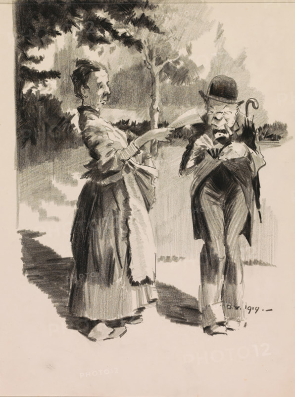 Farmer's wife handing a document to a man with a bowler hat, sketchbook page, The two figures are standing on a path in a rural setting. The woman is holding the document out to the man, who is wearing a suit and bowler hat, has an umbrella tucked under his arm, and is making notes in a small notebook. Page 21 from a sketchbook with 28 pages., signature and date: 'ov 1919.-', draftsman (artist): Otto Verhagen (I), 1919, Otto Verhagen (I), draftsman (artist), inorganic material, paper, chalk, black chalk, height 280 mm x width 216 mm, farmers - AA - female farmer, farmer's wife, road, path, writing tools, head-gear: bowler hat, A charcoal sketch of two people standing outdoors under trees, one a woman in a long dress and apron with her arm extended toward the other, the other a man wearing a bowler hat and suit holding a cane and looking down at something in his hands, with shaded foliage and tree trunks in the background and strong shadowing on the ground.