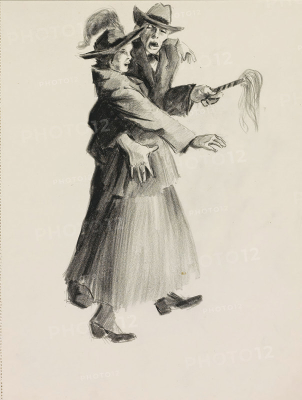 Man with staff and a woman making a startled gesture, sketchbook page, The man is holding a staff with feathers or threads at the end in his left hand and is grasping the woman. She has placed her left hand over the man's shoulder and is making a defensive startled gesture with her right hand. The couple is wearing smart clothing. Page 4 from a sketchbook with 28 pages., draftsman (artist): Otto Verhagen (I), Winschoten, c. 1917 - c. 1919, Otto Verhagen (I), draftsman (artist), inorganic material, paper, chalk, black chalk, height 280 mm x width 216 mm, adult woman, adult man, mouth slightly open, A charcoal drawing of two figures wearing wide-brimmed hats and long coats, shown in a three-quarter view from head to toe; one figure stands slightly behind the other with an arm around the front figure’s shoulders, both faces rendered with open mouths and expressive features, the front figure’s hands extended outward while the rear figure holds a tassel-ended object; shading and strong stro...