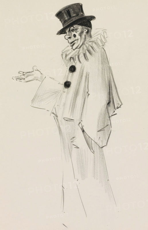 Pierrot with outstretched hand, sketchbook page, Page 6 from a sketchbook with 28 pages., draftsman (artist): Otto Verhagen (I), c. 1917 - c. 1919, draftsman (artist), inorganic material, paper, chalk, black chalk, height 280 mm x width 216 mm, postures and gestures of arms and hands, types in 'commedia dell'arte': Pierrot, A pencil sketch of a clown wearing a tall hat and a ruffled collar, shown in profile from head to mid-thigh, with a smiling face, rounded cheek markings, and darkened eye area; the clown wears a loose, flowing outfit with large dark buttons down the front, an outstretched hand with visible fingers, and subtle shading and sketch lines that define folds and contours of the clothing.