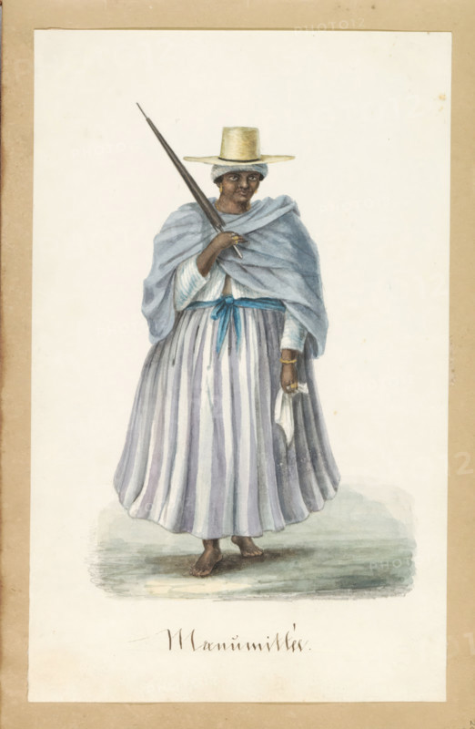 Freed female slave (former title), Manumitted woman, 'Manumittée', Album with drawings of Suriname, p.29 (50), drawing, watercolour, album page, costume study, Surinamese woman dressed in a light blue skirt, white blouse and light blue shawl. She is wearing a straw hat. In her left hand a white handkerchief, in her right hand a black closed parasol or umbrella. She is barefoot. According to the caption she is a manumitted woman, a woman who previously lived in slavery but was 'freed' before the abolition of slavery., inscription: '.', draftsman (artist): Jacob Marius Adriaan Martini van Geffen, Suriname, in or after c. 1850 - in or before c. 1860, draftsman (artist), paint (coating), materials by function, paper, ink, pencil, watercolor (paint), brush, washed ink, height 170 mm x width 260 mm x thickness 20 mm, freedom, slavery, liberation (of an enslaved person), persons of African origin, A full-length watercolor of a dark-skinned woman standing barefoot on a shaded ground, wearing a...