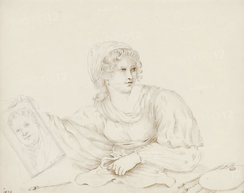 Self-portrait with painting supplies and portrait of Jonkheer Joan Melchior Kemper, sketchbook page, Page 60 recto from a sketchbook with 94 pages., annotation: 'JM Kemper', date: '1828', draftsman (artist): Jonkvrouw Elisabeth Kemper, 1828, draftsman (artist), materials by function, paper, pencil, ink, pen, pencil and pen in brown, height 252 mm x width 207 mm, Jonkheer Joan Melchior Kemper was the artist's father., Person, Jonkheer Joan Melchior Kemper, portrait, self-portrait of artist, palette, picture within picture, A detailed pencil and ink drawing of a seated woman shown from the waist up, wearing a draped garment with flowing folds and a head covering, her face turned slightly with curly hair visible at the forehead and temples, a calm facial expression with softly rendered eyes, nose, and lips, hands clasping a piece of cloth or drapery near her chest, and above her a small framed portrait of another person held or resting at an angle; the image is on a light-toned background...