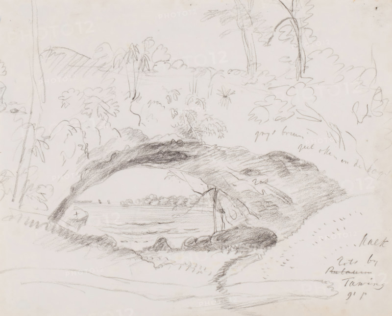 View of limestone rock covered with vegetation with a view of the sea, drawing, topographical view, View of limestone rock covered with vegetation with a view of the sea (probably the south coast of East Java) and color indication., inscription: 'kalk, rots by, Tawing, 91 p', draftsman (artist): Adrianus Johannes Bik, East Java, c. 1816 - c. 1846, draftsman (artist), Java, inorganic material, paper, chalk, sketch in black chalk, height 255 mm x width 311 mm, A pencil sketch of a natural scene showing a rocky arch framing a view of water and distant shoreline, with foliage and tree trunks surrounding the arch and scattered bushes and leaves drawn with light, quick strokes, a palm-like plant near the center, textured shading on the rocks and arch, a small boat-like shape near the water beneath the arch, and additional rough vegetation and ground lines extending to the edges of the page.