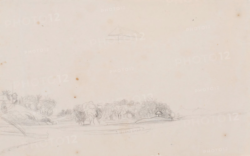 Landscape, Java, drawing, topographical view, Landscape with a sketch of a roof in the middle at the top, Java., inscription: 'Tjoeroek Lontar on the land of Tji-Ampea by Buitenzorg', draftsman (artist): Adrianus Johannes Bik, c. 1816 - c. 1846, draftsman (artist), paper, pencil, pencil sketch, height 193 mm x width 312 mm, A wide pale sheet with faint pencil sketches across the lower portion, showing a gently rolling landscape of trees and shrubs rendered with light pencil shading, a small shelter with a triangular roof nestled among the trees, a cluster of foliage on a slight rise at left with a few simple structural outlines, and faint horizontal lines suggesting ground planes and distant hills, with a small, lightly sketched triangular roof shape higher up toward the center and scattered small discoloration marks on the paper.