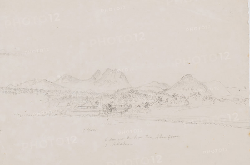 View of village and mountain landscape, Java, drawing, topographical view, annotation, draftsman (artist): Adrianus Johannes Bik, c. 1816 - c. 1846, draftsman (artist), paper, pencil, pencil sketch, height 258 mm x width 332 mm, A wide horizontal pencil sketch showing a distant mountainous horizon with jagged peaks and rounded hills, a scattering of trees and tree clusters across the midground, and a small rural settlement in the foreground with simple building outlines, roofs, a fence, and sparse vegetation, all rendered lightly on a pale sheet of paper.