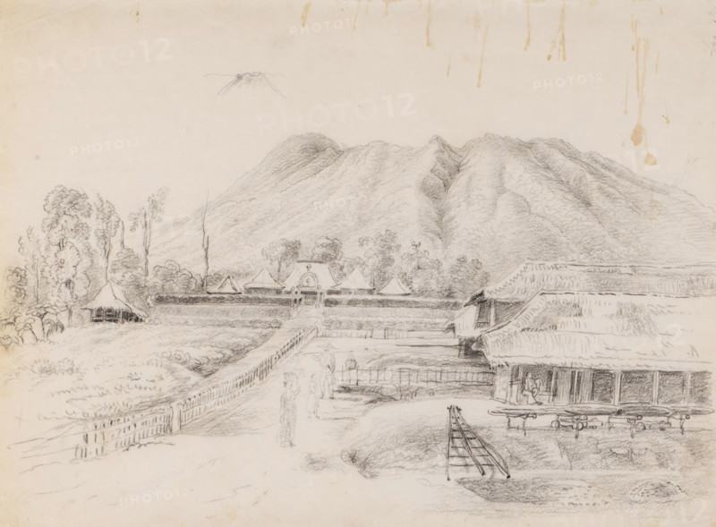 View of mountain and settlement, with sheds for coffee or tea, West Java, drawing, topographical view, draftsman (artist): Adrianus Johannes Bik, Java, c. 1816 - c. 1846, draftsman (artist), inorganic material, paper, chalk, black chalk, height 231 mm x width 321 mm, A pencil sketch showing a wide mountainous backdrop with textured slopes, trees clustered at the mountain base, and a small group of peaked-roof buildings set behind a low wall and gate; in the foreground there are fences and a pathway leading toward the gate, a thatched-roof structure with an open veranda and figures near it, simple shelters and trees along the left side, a small pavilion among foliage, and an elevated rail-like frame on the ground; the sky area is mostly empty with a small indistinct flying insect drawn near the top and faint stains at the upper edge.