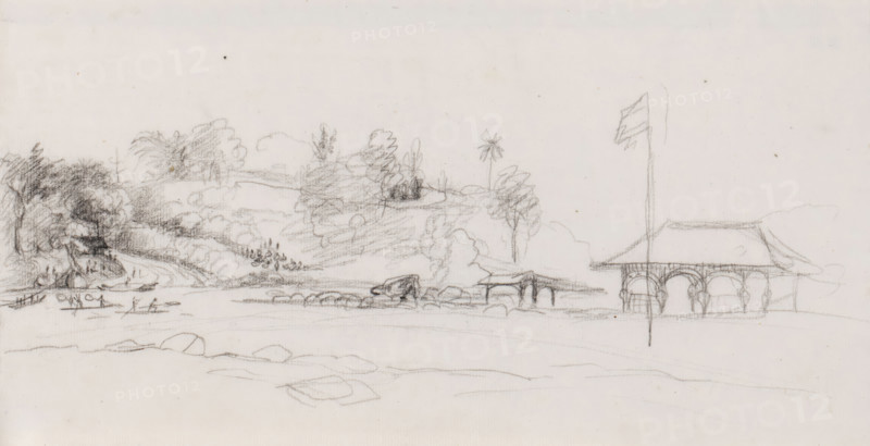 River landscape, Java, drawing, topographical view, draftsman (artist): Adrianus Johannes Bik, c. 1816 - c. 1846, draftsman (artist), inorganic material, paper, chalk, sketch in black chalk, height 173 mm x width 330 mm, A wide pencil sketch of a riverside landscape showing rolling hills with clusters of trees and bushes, shaded and textured with short strokes, a small building with arches and a sloped roof near the water, a tall flagpole beside the building with a waving flag, a simple pier or bridge structure extending toward the water, scattered rocks and stones along the shoreline, faint indications of water and ripples, and various light sketch lines suggesting distant vegetation and terrain.