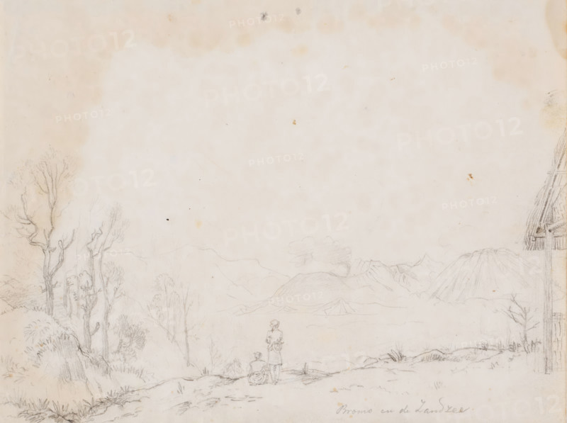 View of Mount Bromo in the Tengger Mountains and the Sand Sea, East Java, drawing, topographical view, Two Javanese in the foreground, annotation: 'Bromo and the Sand Sea', draftsman (artist): Adrianus Johannes Bik, 1822-01-03, draftsman (artist), Java, paper, pencil, pencil sketch, height 209 mm x width 275 mm, overseas history, A faint pencil landscape on aged paper shows distant hills and a volcanic cone rising on the right, with soft, cloudlike shading above the ridgelines. In the foreground a standing figure and a seated figure face the distant view near a gently sloping path, with sparse grasses and low shrubs underfoot. To the left a cluster of tall, leafed trees with textured trunks and branches frames the scene, while to the far right the slanted edge of a thatched roof and beams appears. The paper has light stains and small foxing marks across its surface and subtle pencil smudges and erased lines throughout.