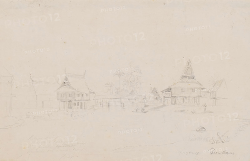 View of Tondano, North Celebes, drawing, topographical view, annotation: 'negorij Dondano, op Manado', draftsman (artist): Adrianus Johannes Bik, c. 1821 - c. 1824, draftsman (artist), Celebes, paper, pencil, sketch in pencil, height 237 mm x width 373 mm, A faint pencil sketch on pale paper showing a riverside scene with several stilted wooden houses and buildings with steeply pitched and ornamented roofs, narrow walkways and small bridges connecting structures, a cluster of tall slender palm trees rising behind the buildings, a small boat with a seated figure on the water, another tiny boat near the shore, and a lone standing figure on the bank, all rendered with light delicate lines and soft shading.