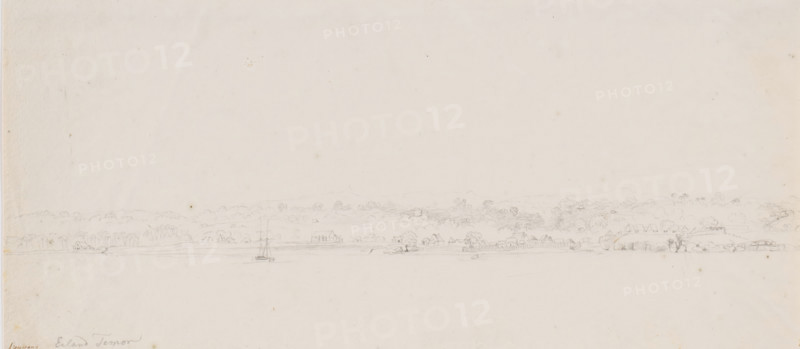 View of Kupang from the sea, Timor, drawing, topographical view, annotation: 'koupang, Island of Timor', draftsman (artist): Adrianus Johannes Bik, North Celebes, 1821, draftsman (artist), Celebes, paper, pencil, height 181mm x width 405mm, A wide horizontal pencil sketch showing a shoreline across the lower portion of the page with small buildings and trees along the coast, a few clusters of low hills behind the trees, a small sailing boat anchored in the water near the center, another small boat closer to the left shore, faint indications of rocks or jetties by the water, and an otherwise empty expanse of pale paper occupying the upper area.
