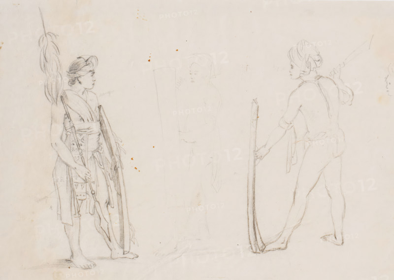 Figure study of two warriors, Southeast Moluccas, drawing, one in full regalia with spear and shield, the other with loincloth, shield and sword (kléwang), in the middle a vague third figure and on the right part of a head in profile., annotation, draftsman (artist): Adrianus Johannes Bik, South Moluccas, 1824, draftsman (artist), Moluccas, paper, pencil, pencil sketch, height 190 mm x width 289 mm, A light pencil drawing on aged paper shows three standing figures rendered with varying levels of detail; on the left a person wearing a wrapped head covering and layered garments stands barefoot holding a long vertical object with flowing tassels and a second long slender item, with patterned fabric visible on the lower clothing and a side profile face turned right; in the center a faintly sketched figure holds a tall rectangular object in front of their body, their head also wrapped and their facial features lightly indicated; on the right a more defined figure is shown from a rear three-...