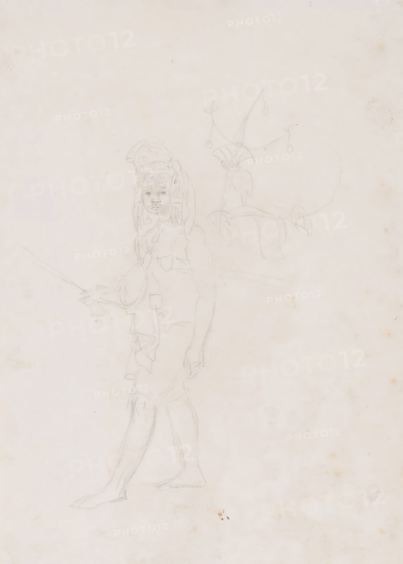Figure study of a champion (orang berani) of Timor, drawing, annotation: 'Champion of Alor(?) =Timor', draftsman (artist): Adrianus Johannes Bik, Timor, c. 1821-04, draftsman (artist), Nusa Tenggara, paper, pencil, pencil sketch, height 275 mm x width 192 mm, A faint pencil sketch on aged paper depicting a standing figure facing forward with visible facial features and long hair topped by a rounded headpiece, wearing layered clothing with draped fabric and a sash, one arm extended holding a thin rod or staff and the other arm relaxed by the side, with bare feet and legs shown in a walking stance; to the figure's side a lightly drawn plant-like structure rises with curved leaves and dangling round shapes, and the paper shows small spots and areas of discoloration.