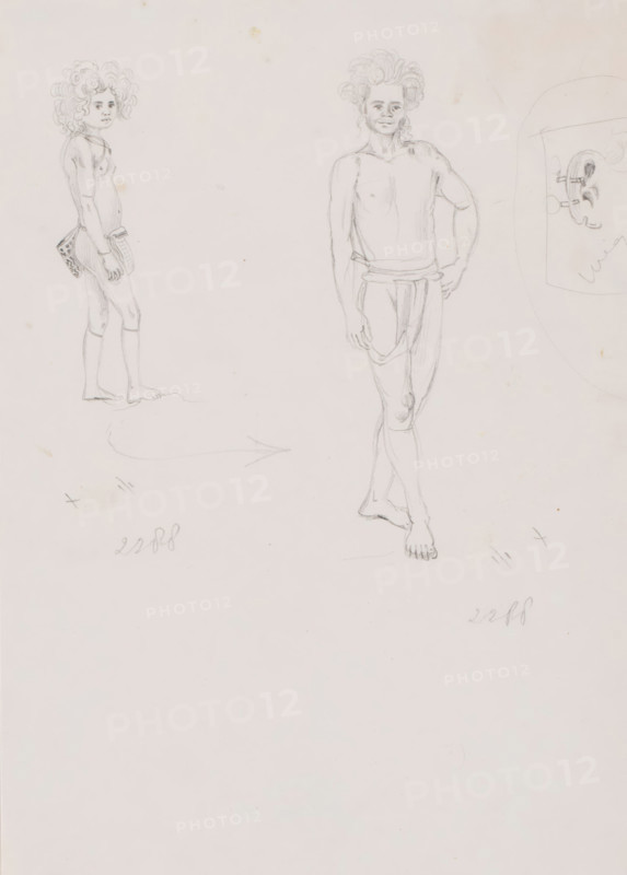 Two Alfurs and a detail of an ear, drawing, Figure study of two Alfurs from the island of Dullah, Kai Islands, Southeast Moluccas, right detail of an ear with ear ornaments., draftsman (artist): Adrianus Johannes Bik, South Moluccas (possibly), 1824, draftsman (artist), Moluccas, paper, pencil, height 280 mm x width 197 mm, A light pencil sketch on pale paper shows two standing figures and a partial circular design; on the left a smaller figure with curly hair stands in profile facing right, wearing a small garment at the waist and holding a patterned rectangular object, with bare feet and a relaxed posture; toward the center-right a taller figure stands facing forward with one hand on a hip and the other hanging relaxed, wearing draped cloth at the waist and with visible chest and bare feet, hair also curly and voluminous; on the far right a faint roughly circular outline contains a small decorative element with curved shapes; the page shows faint smudges and light pencil marks scatte...