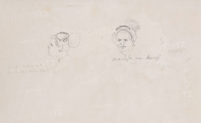 Portrait study from two sides, of an Alfur (Papuan type) from the island of Kobroor, Aru Islands, Southeast Moluccas, drawing, annotation: 'beads red and white, around the comb white and blue, manafo? of Borassi, on Cobrooy', draftsman (artist): Adrianus Johannes Bik, South Moluccas, c. 1824-04-01 - c. 1824-04-28, draftsman (artist), Moluccas, paper, pencil, height 221 mm x width 319 mm, A pale sheet with two pencil portrait sketches near the top center, one in profile facing left showing a person with curly hair pulled into a bun and a circular earring and a simple round necklace, and the other a frontal view of a person with a rounded face, detailed facial features, and hair gathered into a textured bun with a band; faint pencil marks and light smudges surround the sketches on the otherwise empty background.