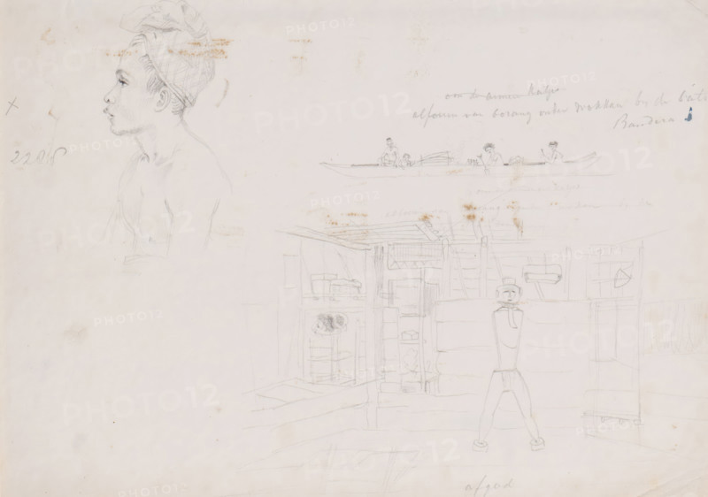Sketches of Alfurs and an interior, Aru Islands, South Moluccas, drawing, topographical view, Three sketches: a) portrait of an Alfur, b) barge with Alfurs from the island of Goram (Gorong), c) interior of a house with a statue of a god, Afara on the island of Workai., annotation: 'at b: Alfurs from Gorong near Wokkan at the bato, Bandera?, at c: idol', draftsman (artist): Adrianus Johannes Bik, 1824, draftsman (artist), Moluccas, paper, pencil, pencil sketch, height 217 mm x width 300 mm, A faint pencil drawing on pale paper shows a left-facing bust of a person wearing a wrapped head covering, rendered with delicate shading and contour lines, alongside a long narrow boat carrying several seated figures sketched lightly above a rough outline of a wooden structure with posts, shelves, and stacked objects, and a simplified standing figure with legs apart in front of the structure; the page has scattered small smudges and spots.