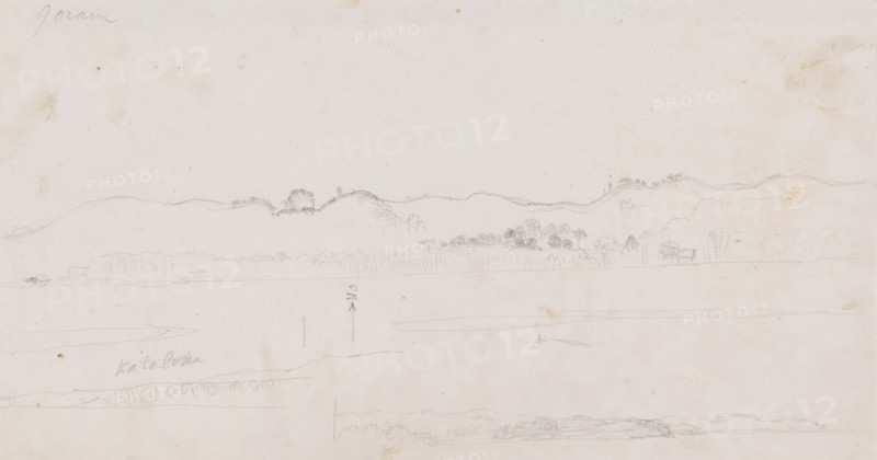 View of the island of Gorom (or Gorong), Central Moluccas, drawing, topographical view, annotation: 'color indication and 'Goram, Katalotta'', draftsman (artist): Adrianus Johannes Bik, South Moluccas, 1824, draftsman (artist), Moluccas, paper, pencil, pencil sketch, height 172 mm x width 316 mm, A wide, pale sheet with faint pencil landscape sketches across it, showing a distant horizon of rolling hills and small clusters of rounded trees, a lower band suggesting a shoreline or flat plain with thin horizontal lines, scattered small rough shapes indicating bushes or structures, light smudges and spots of discoloration on the paper, and several faint horizontal pencil strokes and horizon studies toward the bottom.