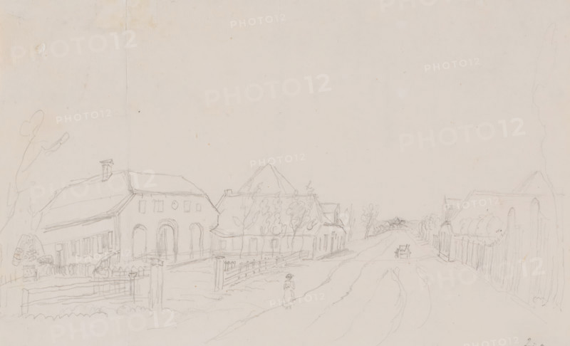 De Breesaap near Velsen, North Holland, drawing, topographical view, annotation: 'Sketch showing road, behind the Hof, on the Breesap, ± 1865, see above', draftsman (artist): Adrianus Johannes Bik, Velsen, c. 1865, draftsman (artist), inorganic material, paper, chalk, sketch in black chalk, height 192 mm x width 312 mm, A wide, light pencil sketch of a village street scene showing several buildings with pitched roofs and chimneys along both sides of a road, simple fences and gates in front of the houses, a small figure walking along the roadside, a distant cart on the road, faint outlines of trees and bushes lining the street, and open sky occupying the upper portion of the page.