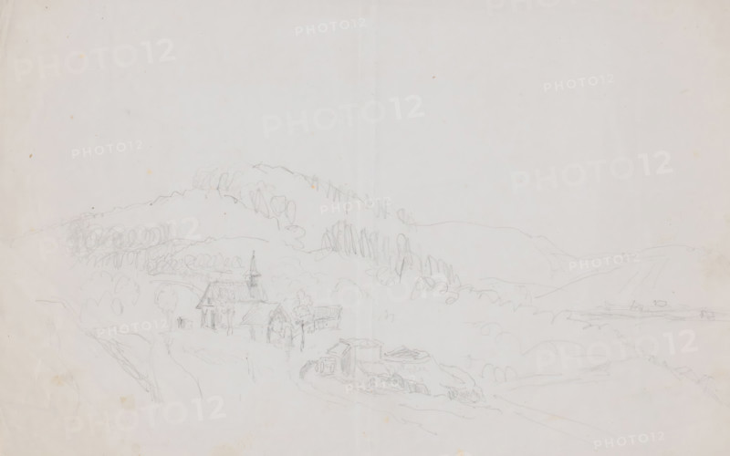 European (?) landscape with small church, drawing, draftsman (artist): Adrianus Johannes Bik, c. 1846 - c. 1872, draftsman (artist), paper, pencil, pencil sketch, height 212 mm x width 337 mm, A faint pencil sketch on pale paper showing a hillside landscape with loosely drawn trees and bushes, a small cluster of buildings including a structure with a pointed tower and pitched roofs, meandering paths and rough outlines of fields, distant hills along the horizon, and light smudges and creases on the paper surface.