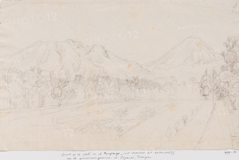 View of the Gedé and Pangrango volcanoes and country residence of the Governor General in Cipanas, Preanger, West Java, drawing, topographical view, inscription: 'The country house of the GG Governor General in Tjipanas, with the smoking G. gunung Gedé on the left, and the G. gunung Pangrango (right), probably 1845', draftsman (artist): Adrianus Johannes Bik, c. 1844 - c. 1846, draftsman (artist), Java, inorganic material, paper, chalk, sketch in black chalk, height 217 mm x width 347 mm, A wide pencil sketch showing a landscape with gently sloping fields and a row of trees in the foreground, a small rectangular building partially obscured by trees near the center, clusters of varied trees and foliage stretching across the middle ground, and two large mountain shapes rising in the background with a plume of smoke or cloud drawn above the left mountain; faint pathway lines lead toward the building, and additional trees and vegetation appear along the right edge.