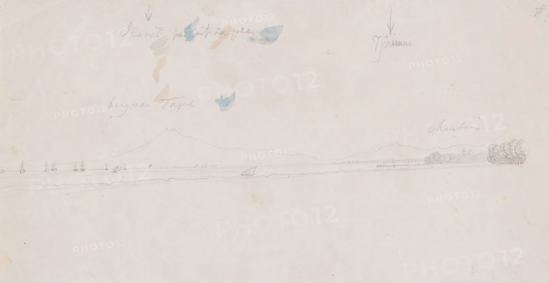 View of the North Coast of Java, between Cirebon and Tegal, from the sea, West Java, drawing, topographical view, inscription: 'Slamet seen from the sea, Tjermai', inscription: 'mountain of Tagal, Cheribon', draftsman (artist): Adrianus Johannes Bik, c. 1816 - c. 1846, draftsman (artist), Java, paper, pencil, brush, pencil sketch, a few brushstrokes in blue, pink and grey, height 180 mm x width 344 mm, A light pencil landscape sketch on a pale sheet showing a distant low mountain range across the middle, a horizontal shoreline with small boat shapes and masts along it, and clusters of trees and foliage at one end; faint smudges and wash-like patches of blue and peach color appear above the mountains, and the page shows small spots and subtle traces of wear.