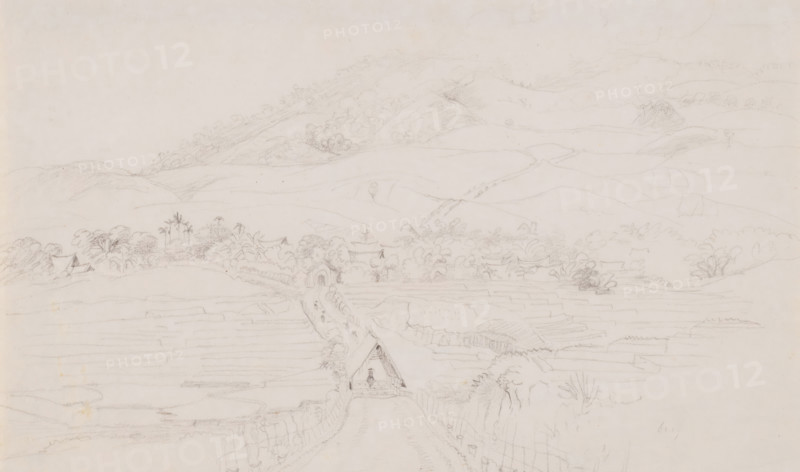 View of post road and village of Cidadap, Cirebon residence, West Java, drawing, topographical view, annotation: 'view of the kiekampung Tjidadap, and mountain pass of Telaga, over the Gie gunung Tjandana Cendana to Pendjala Panjalu, res. Cheribon', date: '14 Feb., 1836', draftsman (artist): Adrianus Johannes Bik, 1836-02-14, draftsman (artist), Java, paper, pencil, sketch in pencil, height 207 mm x width 342 mm, A wide pencil sketch of a hilly landscape with terraced fields in the foreground and rolling hills in the background, small clusters of trees and vegetation scattered across the middle ground, a narrow road leading toward a simple arched bridge or covered gateway with a figure standing beneath it, faint outlines of a few simple buildings or huts tucked among the trees, and soft, light pencil shading suggesting contours of the land and distant slopes.