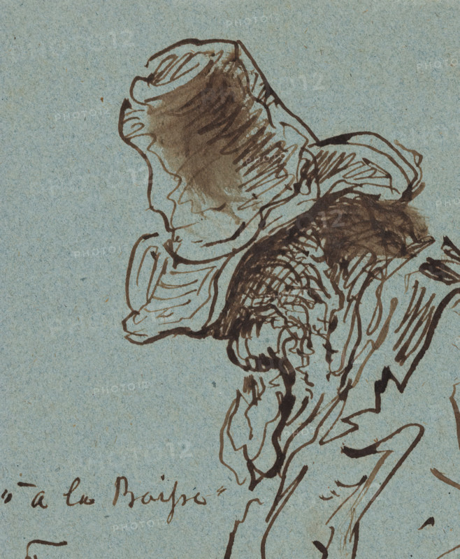 Tavenraat à la Blaisse, drawing, Self-portrait of Tavenraat à la Blaisse, with the face hidden under a top hat., annotation: ''à la Blaisse' Tavenraat', draftsman (artist): Johannes Tavenraat (signed by artist), 1840 - 1870, draftsman (artist), materials by function, paper, ink, pen, brush, pen and brush in brown on blue paper, height 103 mm x width 90 mm, Person, portrait, self-portrait of artist, hunter, A sepia ink sketch on muted blue paper depicting a head in profile wearing a loose, ruffled bonnet and layered clothing, rendered with flowing, varied lines and shaded washes; the bonnet has undulating edges and internal hatch marks, the face is outlined with a few contour strokes, and the clothing shows textured, crosshatched strokes and curving folds.