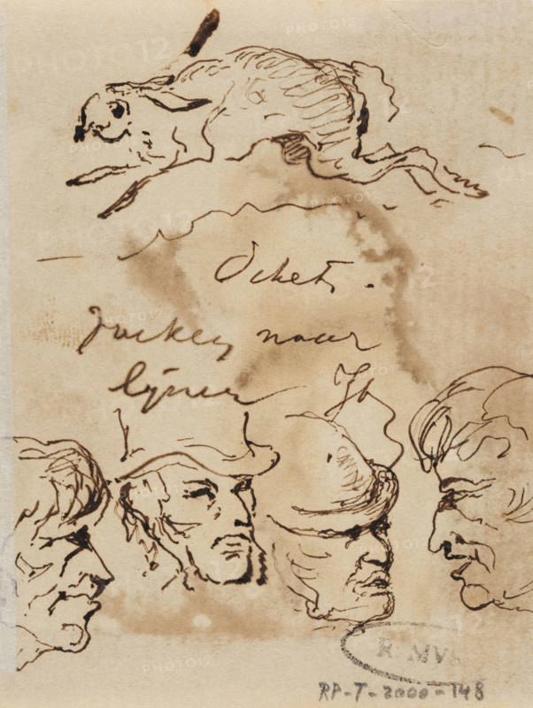 Heads, drawing, Sketches of heads and a hare. With the inscription 'searching for lines'., annotation: 'sketch, searching for lines JT', draftsman (artist): Johannes Tavenraat (signed by artist), 1840 - 1860, draftsman (artist), materials by function, paper, ink, brush, pen in brown, height 90 mm x width 71 mm, rodents: hare, A vertical sheet of aged paper with ink sketches showing a leaping rabbit near the top and several quick portrait sketches of faces and heads below, rendered in loose, flowing pen lines with visible ink blotches and smudges and areas of darker stains on the paper.