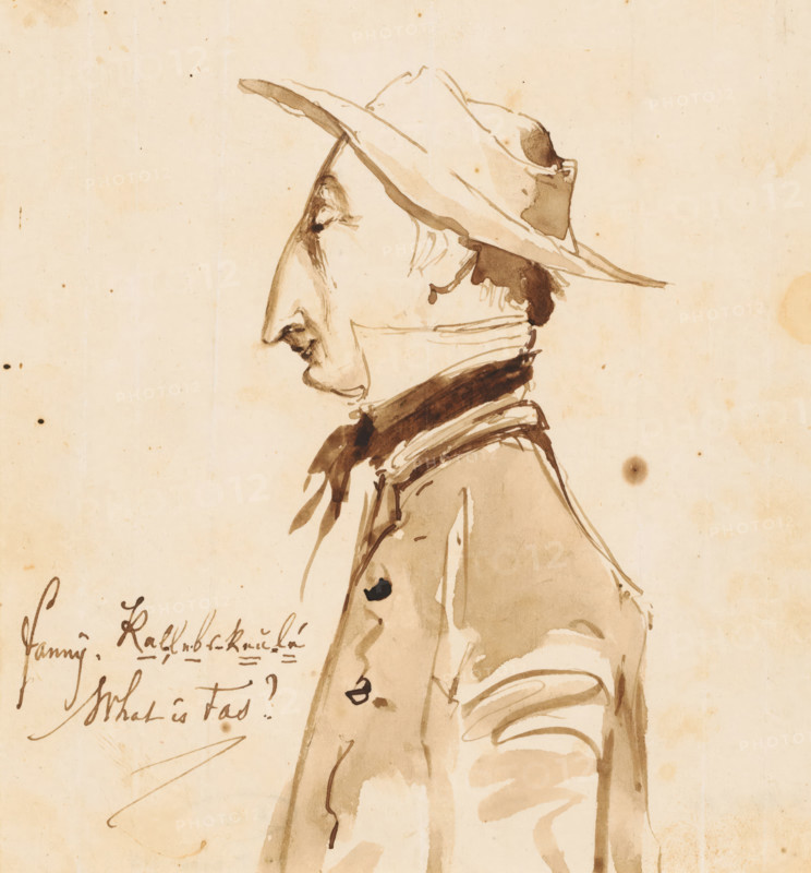 Portrait of a man, drawing, Portrait of a man with a hat and prominent nose, in profile to the left., annotation: 'fannij. Kallubckuulá, What is Tas?', draftsman (artist): Johannes Tavenraat, 1840 - 1880, draftsman (artist), materials by function, paper, ink, pen, brush, pen and brush in brown, height 140 mm x width 130 mm, anonymous historical person portrayed, A sepia-toned ink sketch of a man in profile wearing a wide-brimmed hat and a scarf tied around his neck, showing his pronounced nose, mustache, and chin, with loose, flowing lines defining his coat and shoulder and scattered ink spots and paper stains on the background.