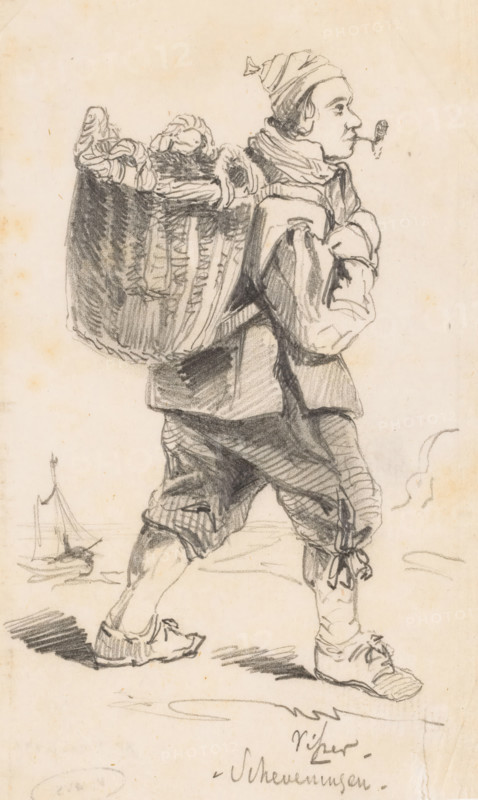 Fisherman - Scheveningen, drawing, Fisherman with basket on his back, pipe in his mouth, in Scheveningen., annotation: 'Fisherman - Scheveningen', draftsman (artist): Johannes Tavenraat, 1840 - 1880, draftsman (artist), paper, pencil, pencil on thin paper, height 173 mm x width 103 mm, sea and coastal fishery (men (labourers)), Scheveningen, A charcoal sketch of a person seen in profile walking to the right, wearing a cap with a small tassel, a scarf around the neck, a loose jacket with rolled or puffed sleeves, baggy knee-length trousers tied at the calves, and simple shoes with visible laces; the person carries a large woven basket on the back filled with rounded items and wrapped cloth, and holds an object near the mouth; visible ground shading beneath the feet and a small sketched sailboat in the background.