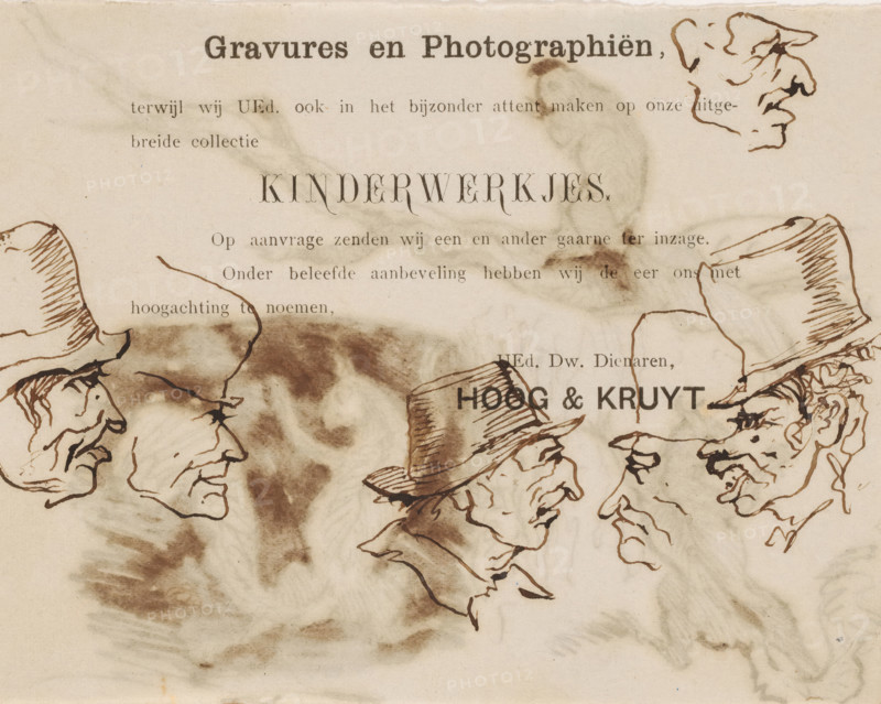 Heads, drawing, Sketch sheet with heads. Drawn on advertising print for 'Engravings and Photographs' and 'Children's Work' by 'Hoog & Kruyt'., draftsman (artist): Johannes Tavenraat, publisher: Hoog & Kruyt, 1840 - 1880, Johannes Tavenraat, Hoog & Kruyt, draftsman (artist), publisher, materials by function, paper, ink, pen, pen in brown, height 105 mm x width 134 mm, caricatures (human types), A sepia-toned sheet with ink wash stains and several pen-and-ink sketch profiles of older men wearing top hats, arranged facing each other across the page, with visible hat brims, pointed noses, and lined facial features; the paper shows uneven discoloration, smudges, and darker blotches around the center and edges.