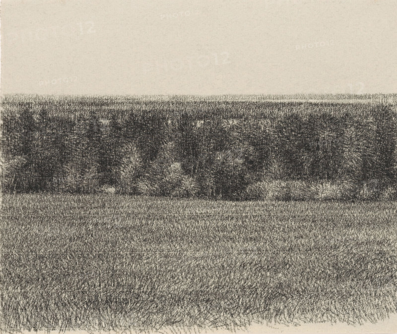 Veld en boschage, drawing, signature: 'KEES STOOP', draftsman (artist): Kees Stoop (signed by artist), 1939 - 2009, draftsman (artist), coal, organic material, paper, charcoal stick, charcoal, height 235 mm x width 283 mm, groups or trees, A wide horizontal composition showing a pale upper area and three darker textured horizontal bands below it, the bands created with dense, grainy marks that vary in darkness and create a rough, stippled surface, with the darkest band near the top of the darker region and progressively lighter, more textured bands beneath, all rendered in monochrome on a lightly toned background.