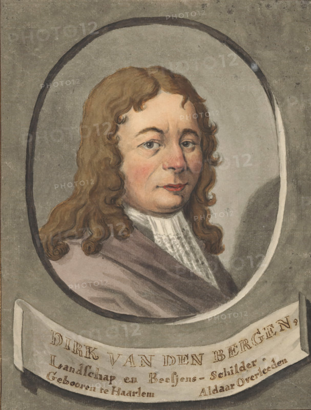 Portrait of the painter Dirk van den Bergen, drawing, Titled on a banner below the portrait and on the reverse, both in contemporary handwriting., inscription: 'Dirk van den Bergen Landscape and Insects Painter, Haarlemmer', Netherlands, 1725 - 1775, draftsman (artist), pencil, brush, pen, brush in grey and colours, pen in brown, over a pencil sketch, height 203 mm x width 155 mm, Person, Dirck van Bergen, A painted oval portrait of a person with long wavy brown hair wearing a high white ruffled collar and a mauve cloak, shown from the shoulders up against a neutral gray background, with a ribbon-like scroll beneath the oval.