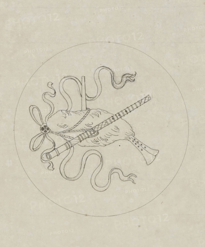 Design for marquetry of musical instrument(s) suspended by ribbons in a round medallion, Le Samara el Kurbe Egyptien et la halamanie turc, design drawing, One of 103 designs for marquetry of musical instruments suspended by ribbons in round medallions, intended for the set of chairs made by Van Doren for the great hall of the Palace of the Prince of Orange in Brussels in 1828., inscription: 'Le Samara el Kurbe Egyptien et la halamanie turc', watermark, draftsman (artist): Pierre Félix van Doren, Brussels, in or before 1828, draftsman (artist), mineral, inorganic material, materials by function, paper, ink, graphite (mineral), pen in black ink, pen in black ink over sketch in graphite, height 253 mm x width 208 mm, diameter 123 mm, trophy, ie: decorative arrangement of symbolic or typical objects, ornament, bagpipe, musette, Royal Palace (Brussels), A circular pencil drawing on faint beige paper showing a central bundle of objects tied together with a twisted rope, including a cylindric...