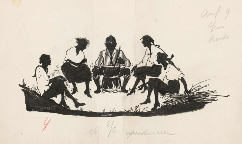 Company around a fire, drawing, book illustration (design), A company consisting of one man and four women is sitting outdoors around a fire. The man is stirring a pot standing on the fire. Next to one of the women lies a pile of branches., :, number: '4', c. 1900 - c. 1930, draftsman (artist), ink, materials by function, paper, India ink (ink), pencil, pen, brush, snipping, pasting, pen and brush in Indian ink over pencil, cut and pasted paper, height 145 mm x width 240 mm, camp-fire, watch-fire, cooking food - CC - in the open air, A black ink silhouette of five seated figures arranged in a semicircle on a light background, with a central figure wearing a vertically striped shirt and holding a stick or utensil over a bowl or pot, flanked by two figures on each side in varied poses and clothing contrasts where white areas indicate blouses or shirts and dark areas indicate skirts or trousers, one figure on the right has a ribbon in the hair and another on the left has curly hair, the s...