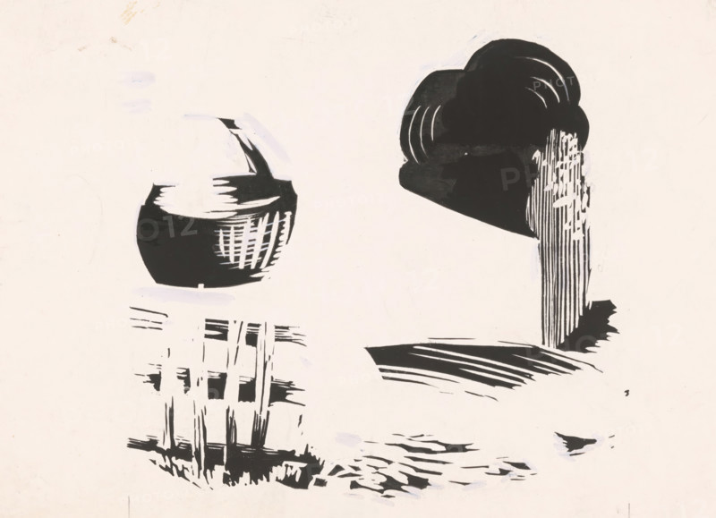 Basket, fence and cloud, drawing, book illustration (design), c. 1920 - c. 1970, draftsman (artist), paper, paint (coating), deck paint, printing, brush, print updated with black brush and white opaque paint, height 162 mm x width 251 mm, fence, wall, paling, clouds, A high-contrast abstract composition on a pale background featuring irregular black shapes and brush strokes; on the left a rounded, bowl-like black form with white highlights and parallel hatch marks, below it vertical and horizontal fragmented grid-like strokes, and scattered short marks; on the right a larger solid black rounded mass with curved white highlights sitting above a tall vertical area of thin parallel lines and broken white patches, with angled black streaks beneath it and isolated small black marks around the lower area.