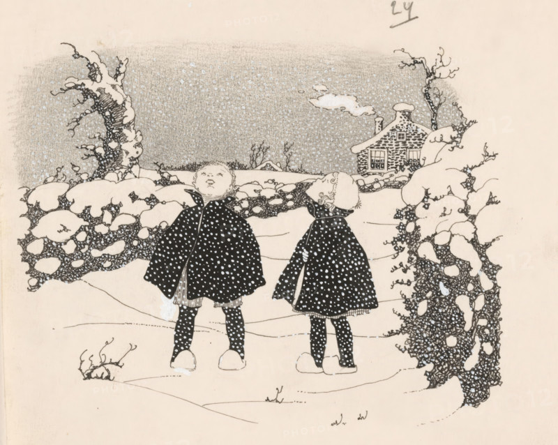 Boy and girl in the snow, drawing, book illustration (design), A boy and girl dressed in winter coats stand in a snowy landscape and look at the sky. In the background a house with a smoking chimney., number: '24', :, c. 1890 - c. 1930, draftsman (artist), paint (coating), ink, materials by function, paper, India ink (ink), pencil, deck paint, pen, brush, pen and brush in India ink with pencil, corrections with white gouache, height 159 mm x width 171 mm, farm or solitary house in landscape, snow, Two children stand in a snowy landscape facing upward, wearing dark cloaks patterned with light dots and matching dotted stockings, with visible shoes and one child's hair in curls; snow-covered bushes and twisted bare trees frame the scene, and a small stone cottage with a chimney and a window sits in the background under a sky filled with falling snow and a small cloud.