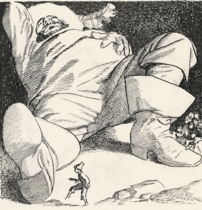 Sleeping Gulliver, drawing, book illustration (design), Gulliver is lying on his back on the ground sleeping. A group of Lilliputians is watching from his boot. One boy is sneaking past in the foreground., :, c. 1895 - c. 1905, draftsman (artist), ink, materials by function, paper, India ink (ink), pencil, pen, pen in Indian ink over pencil, height 99 mm x width 98 mm, Possibly a design for Gulliver's Travels to Lilliput by Jonathan Swift. The book was published in the period 1889-1904 by Uitgeversmaatschappij LJ Veen in Amsterdam., sleeping on the ground, Gulliver, A black and white pen drawing shows large reclining figures with draped fabric and rounded forms filling most of the upper area, drawn with fine crosshatching and contour lines; one visible hand rests on a rounded surface and part of a face with closed eyes and a beard is partially shown near the top; a small standing figure in a pointed hat and simple clothes appears near the bottom, walking among scattered rocks and pebbl...