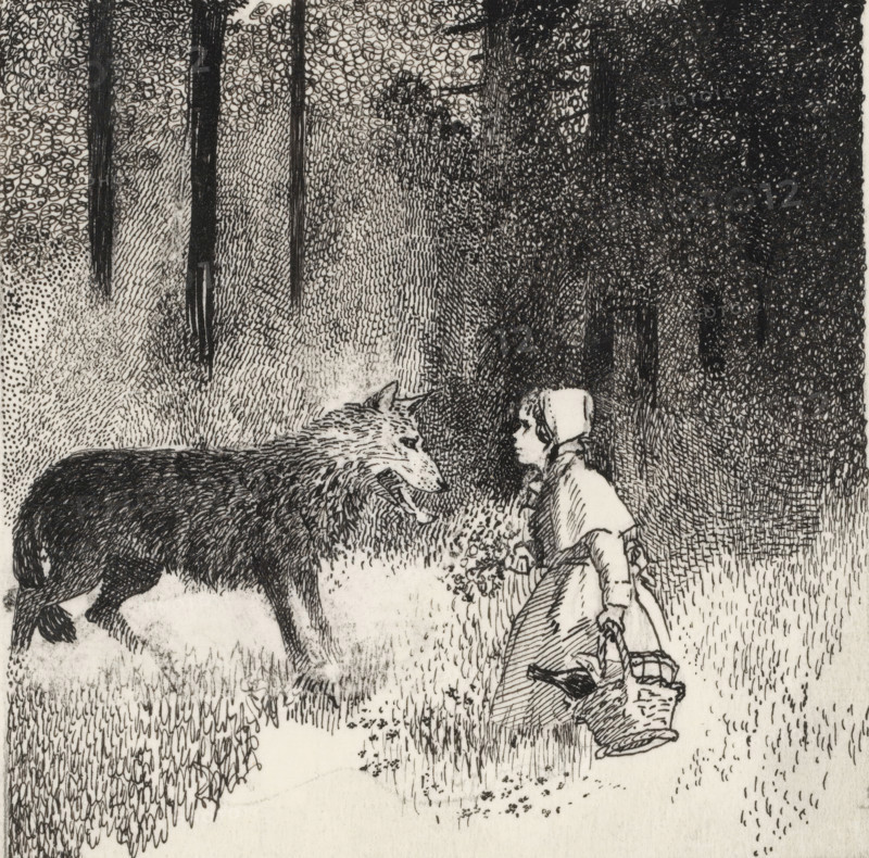 Little Red Riding Hood and the Wolf, drawing, book illustration (design), In the forest, Little Red Riding Hood stands opposite the wolf. She carries a full basket in one hand and a bunch of flowers in the other., annotation: 'Little Red Riding Hood', c. 1900 - c. 1950, draftsman (artist), ink, materials by function, paper, India ink (ink), pen, pen in Indian ink, height 94 mm x width 92 mm, Design for the fairy tale Little Red Riding Hood by Charles Perrault., tales and fairy tales: Little Red Riding-hood, A black ink drawing shows a person wearing a dress and bonnet seated or crouched with a basket at their feet, facing a large dog or wolf with its head lowered toward them; the background features densely hatched and stippled trees and foliage, and the ground is filled with varied short linear grass strokes.