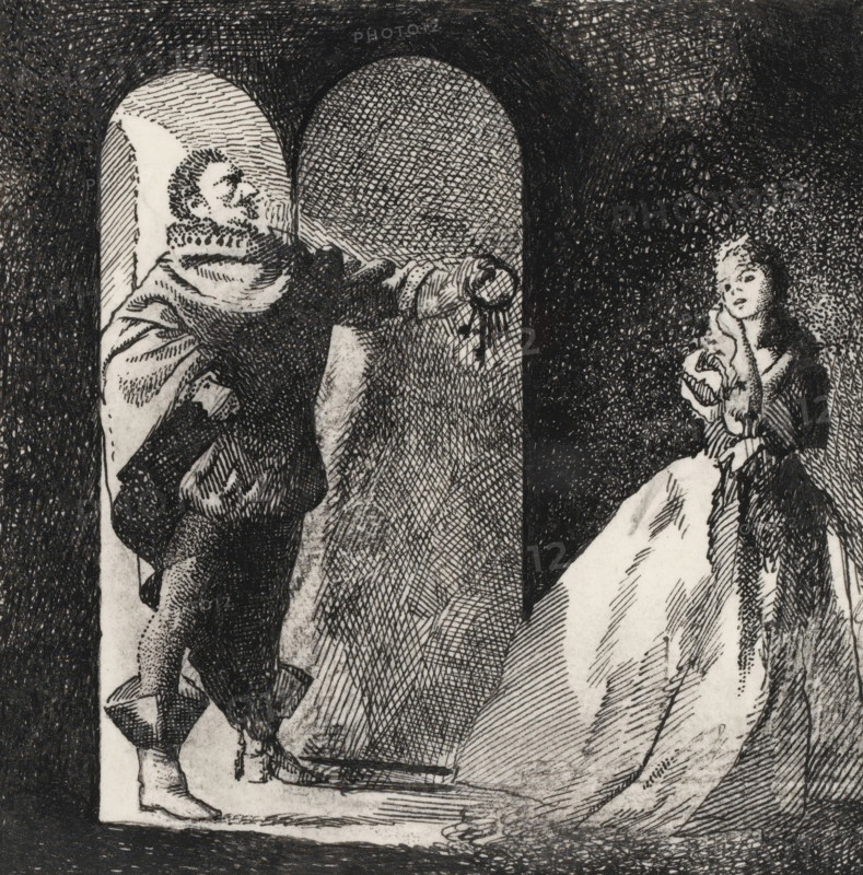 Bluebeard offers his wife a bunch of keys, drawing, book illustration (design), Bluebeard stands in a doorway with his right hand on his hip and holds a bunch of keys out to his wife with his left hand., annotation: 'Bluebeard', c. 1900 - c. 1950, draftsman (artist), ink, materials by function, paper, India ink (ink), pencil, pen, pen in Indian ink over pencil, height 91 mm x width 93 mm, Design for the fairy tale Bluebeard by Charles Perrault., key, tales and fairy tales (with TITLE), A dark ink drawing shows a robed man standing in an arched doorway on the left, his profile visible with a beard and a high ruffled collar, one arm extended into the arch while the other holds a small object near his waist; textured crosshatching fills the arch and surrounding background. On the right, a seated woman in a light dress with long dark hair looks toward the man, her hands clasping fabric at her chest, and she sits against a heavily stippled and crosshatched dark backdrop. The floor and lower...