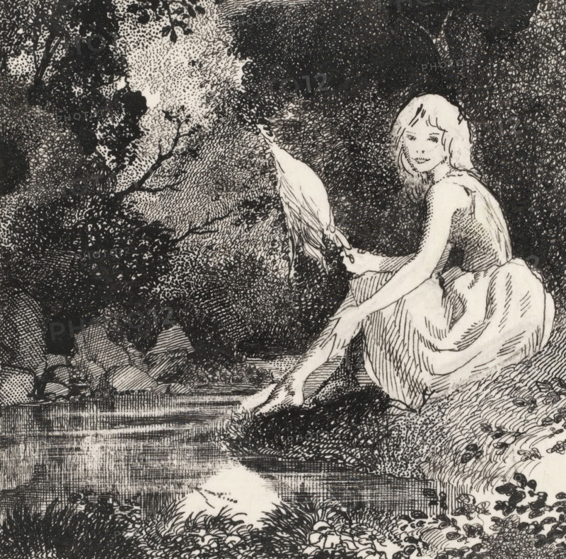 Griseldis sitting by a brook, drawing, book illustration (design), annotation: 'griseldis', c. 1900 - c. 1950, draftsman (artist), ink, materials by function, paper, India ink (ink), pencil, pen, pen in Indian ink over pencil, height 88 mm x width 96 mm, Design for the medieval folk tale Griseldis, which is about a woman who undergoes various trials to test her patience and forbearance., tales and fairy tales, A black and white ink drawing showing a seated young woman in a flowing dress beside a body of water, her arm extended toward a long-legged bird standing at the water's edge; the scene is filled with dense, textured foliage and trees behind them rendered with stippling and cross-hatching, rocky ground and grassy plants in the foreground, and a patterned surface of the water reflecting fine line work.