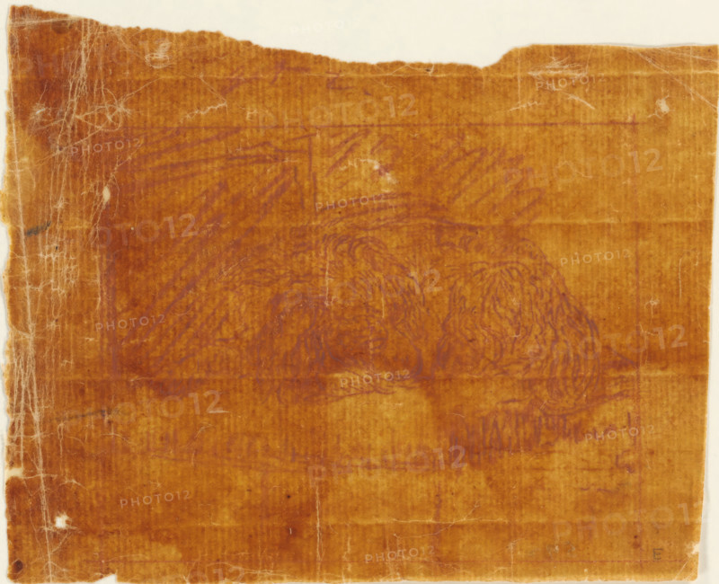 Reclining dog, tracing, The calque is loose in the album, see page 27., maker: Cornelis Brouwer (possibly), after drawing by Frans van Mieris, supervision: Cornelis Ploos van Amstel, Amsterdam, 1777, paper, transparent paper, inorganic material, tracing paper, chalk, red chalk on tracing paper, height 91 mm x width 119 mm, About the calques of Ploos van Amstel see LNP, p. 201., dog, A rectangular piece of worn brown paper with a rough torn top edge and frayed left edge fills the frame, showing vertical and horizontal creases and areas of lighter and darker brown discoloration; faint purple sketch lines and circular scribbled shapes are visible beneath the surface, and white fibrous streaks and small worn holes appear along the left margin and scattered across the surface, with the paper sitting against a pale off-white background.