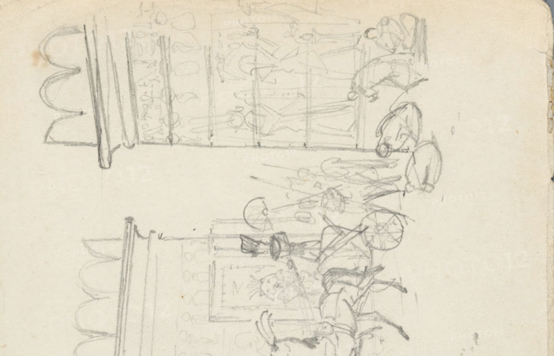 The entry of a monarch, sketchbook page, inscription: 'Gournah', draftsman (artist): Willem de Famars Testas, Egypt, c. 1858 - c. 1859, draftsman (artist), North Africa, pencil, height 191 mm x width 126 mm, A pencil sketch of a street scene with architectural facades topped by rounded crenellations and faint cloudlike shapes above, featuring a chariot drawn by two horses with a driver and a figure behind holding a parasol, several small human figures in various poses including standing, kneeling, and lying on the ground, a raised platform or tomb on the left with a reclining figure, a tall columned structure on the right with loosely sketched figures and objects on its surfaces, and scattered simple lines indicating ground and background details.